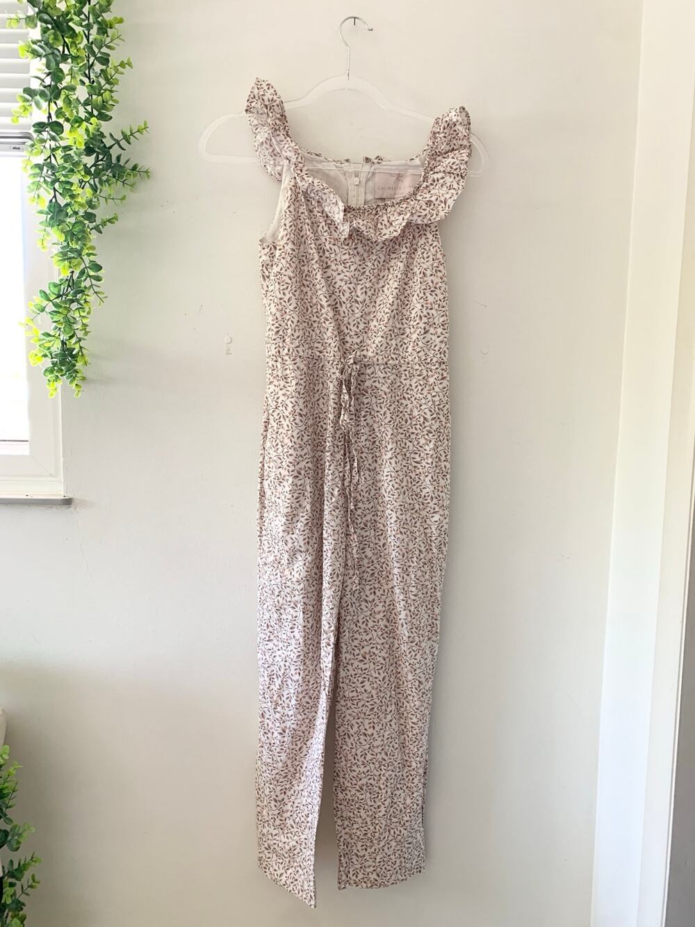 Gal Meets Glam Ruffle Neck Ditzy Floral Tan Cotton Jumpsuit